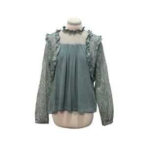 POL Blue Spruce Sheer Mesh Lace Ruffle High Neck Top SMALL Boho Fairy Romantic